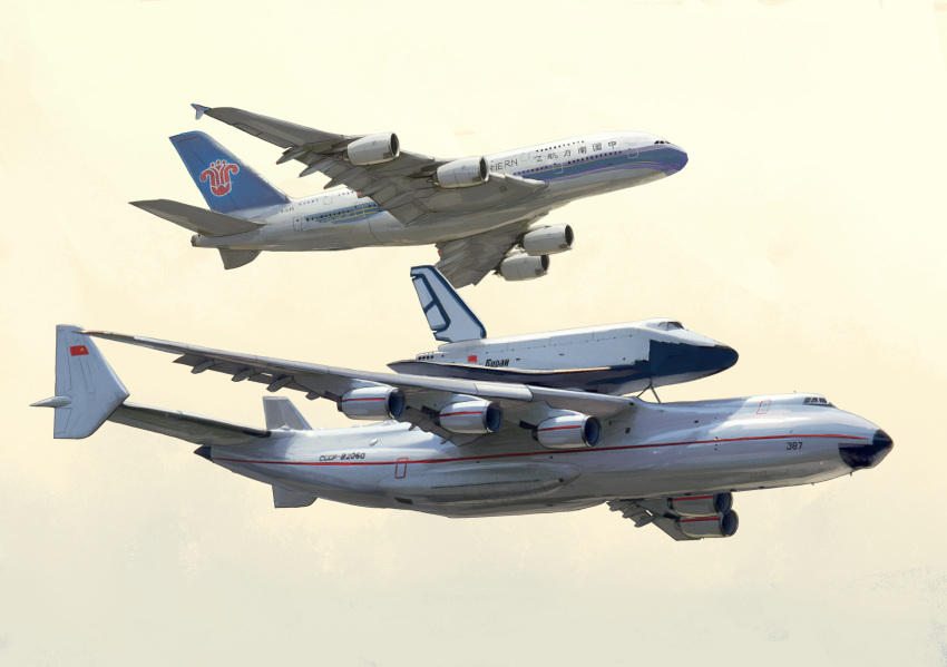 airbus_a380, aircraft, antonov_an-225, buran_(spacecraft), cargo_aircraft, china_southern_airlines, chinese_text, hammer_and_sickle, highres, mirroraptor, no_humans, red_flag, soviet_flag, vehicle_focus