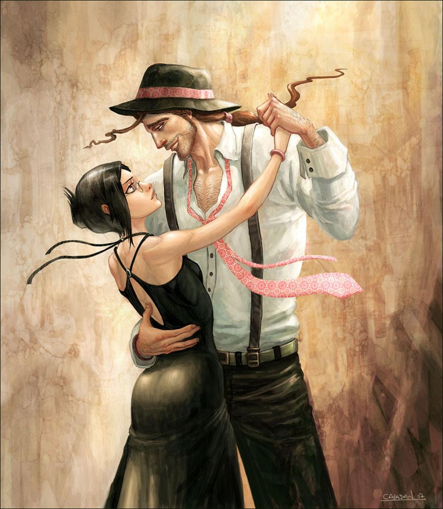 1girl, ass, black_hair, bleach, brown_hair, caladan, chest_hair, couple, dancing, dress, facial_hair, glasses, hat, ise_nanao, kyoraku_shunsui, necktie, smile, stubble, suspenders