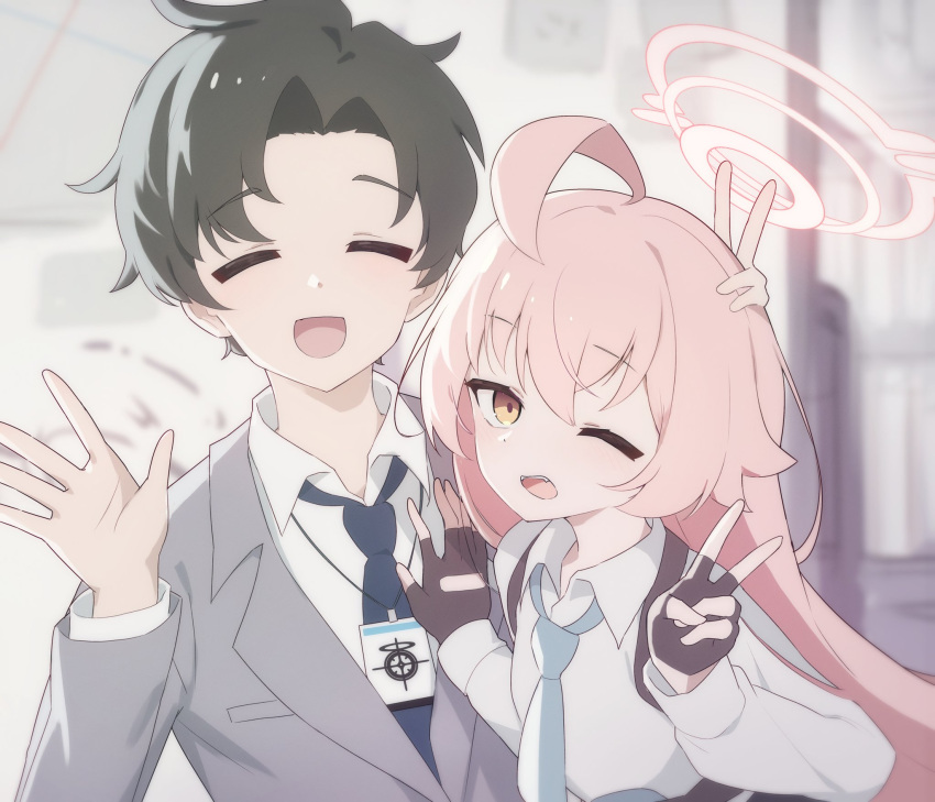 1boy, 1girl, :d, ;d, ahoge, black_gloves, black_hair, blue_archive, blue_necktie, closed_eyes, collared_shirt, fangs, fingerless_gloves, gloves, grey_jacket, grey_suit, hair_between_eyes, halo, hand_on_another's_chest, hand_on_another's_head, highres, hoshino_(blue_archive), huge_ahoge, jacket, light_blush, liyom, long_hair, long_sleeves, looking_at_viewer, necktie, one_eye_closed, open_mouth, orange_eyes, pink_hair, pink_halo, sensei_(blue_archive), sensei_(blue_archive_the_animation), shirt, short_hair, sidelocks, smile, suit, suit_jacket, teeth, upper_body, upper_teeth_only, v, waving, white_shirt
