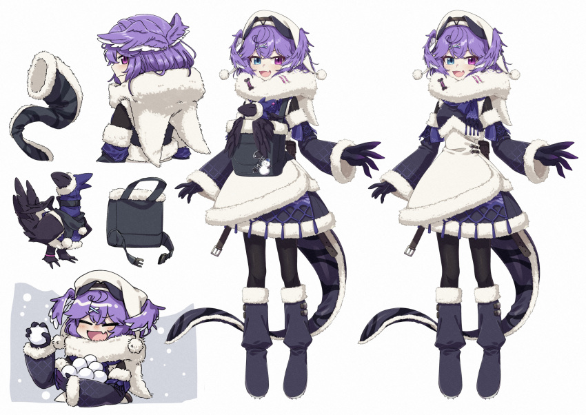 alternate_costume, black_footwear, blue_eyes, dress, ember_(selen_tatsuki), fang, full_body, fur_trim