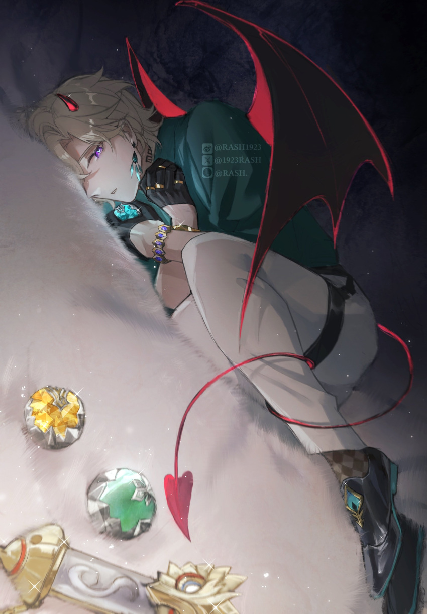 1923rash, 1boy, absurdres, aqua_shirt, aventurine_(honkai:_star_rail), black_footwear, black_gloves, blonde_hair
