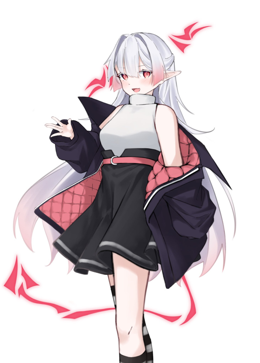 1girl, :d, bare_shoulders, belt, black_jacket, black_skirt, breasts, commentary, fang, feet_out_of_frame, gradient_hair, hair_between_eyes, hair_intakes, high-waist_skirt, highres, jacket, kneehighs, long_hair, long_sleeves, looking_at_viewer, multicolored_hair, off_shoulder, open_clothes, open_jacket, original, pink_belt, pointy_ears, puffy_long_sleeves, puffy_sleeves, red_eyes, redhead, shirt, simple_background, single_sock, single_thighhigh, skirt, sleeveless, sleeveless_shirt, sleeves_past_wrists, small_breasts, smile, socks, solo, standing, striped_clothes, striped_socks, striped_thighhighs, symbol-only_commentary, thigh-highs, turtleneck, very_long_hair, we_usagi, white_background, white_hair, white_shirt