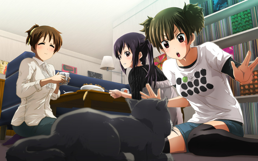 71, alternate_hairstyle, beatles, black_hair, blush, bookshelf, brown_hair, cat