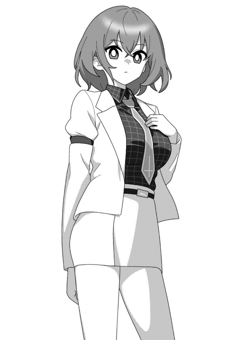 1girl, bare_legs, belt, blazer, breasts, collared_shirt, cowboy_shot, expressionless