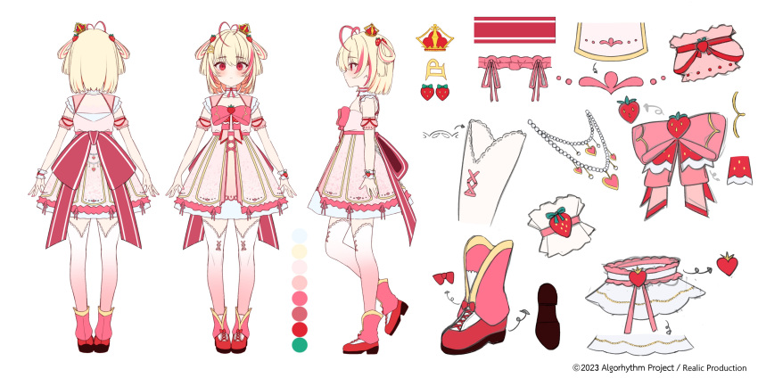 1girl, absurdres, akimotto, algorhythm_project, blonde_hair, boots, bow, copyright_name, dress, food, fruit, hair_ornament, highres, jewelry, medium_hair, multicolored_hair, necklace, pantyhose, pink_bow, pink_footwear, pink_hair, poru_(algorhythm_project), second-party_source, strawberry, virtual_youtuber, white_dress, white_pantyhose