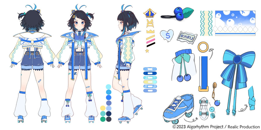 1girl, akimotto, algorhythm_project, bandaged_leg, bandages, black_hair, blue_footwear, blue_hair