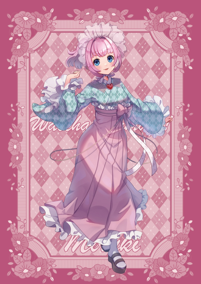 1girl, alternate_costume, amauri_miruki, argyle_background, black_footwear, blue_eyes, blue_kimono, character_name