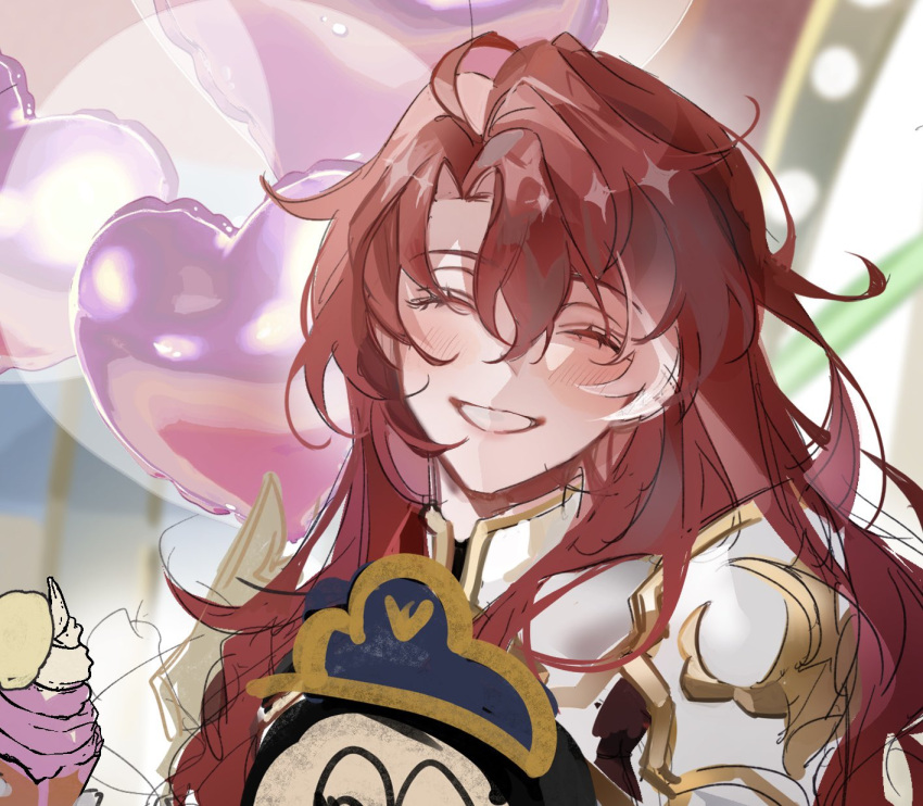 1boy, argenti_(honkai:_star_rail), armor, clockie_(honkai:_star_rail), closed_eyes, grin, hair_between_eyes, highres