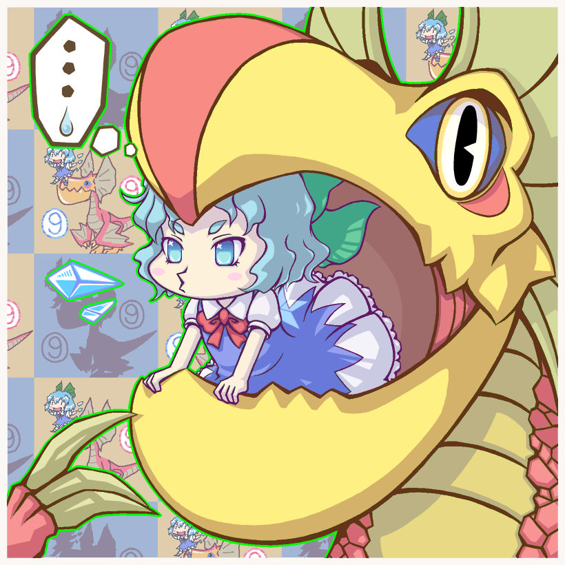 chibi, cirno, crossover, k_e, monster_hunter, spoken_sweatdrop, sweatdrop, touhou