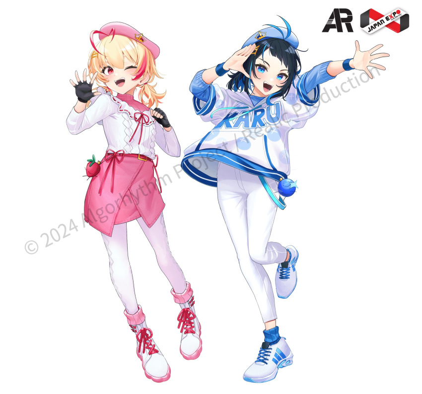 2girls, akimotto, algorhythm_project, beret, black_gloves, black_hair, blonde_hair, blue_eyes