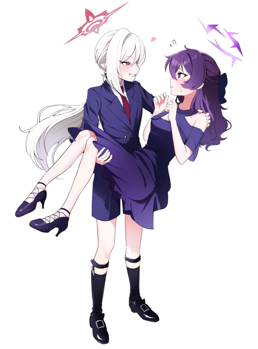 2girls, :d, black_footwear, black_necktie, black_shorts, black_socks, blazer, blue_archive