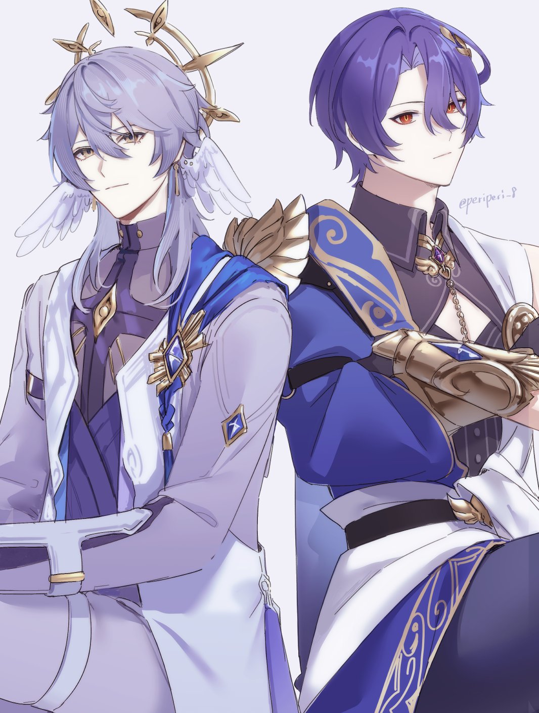 2boys, black_shirt, blue_hair, closed_mouth, clothing_cutout, coat, collared_shirt, crossed_arms