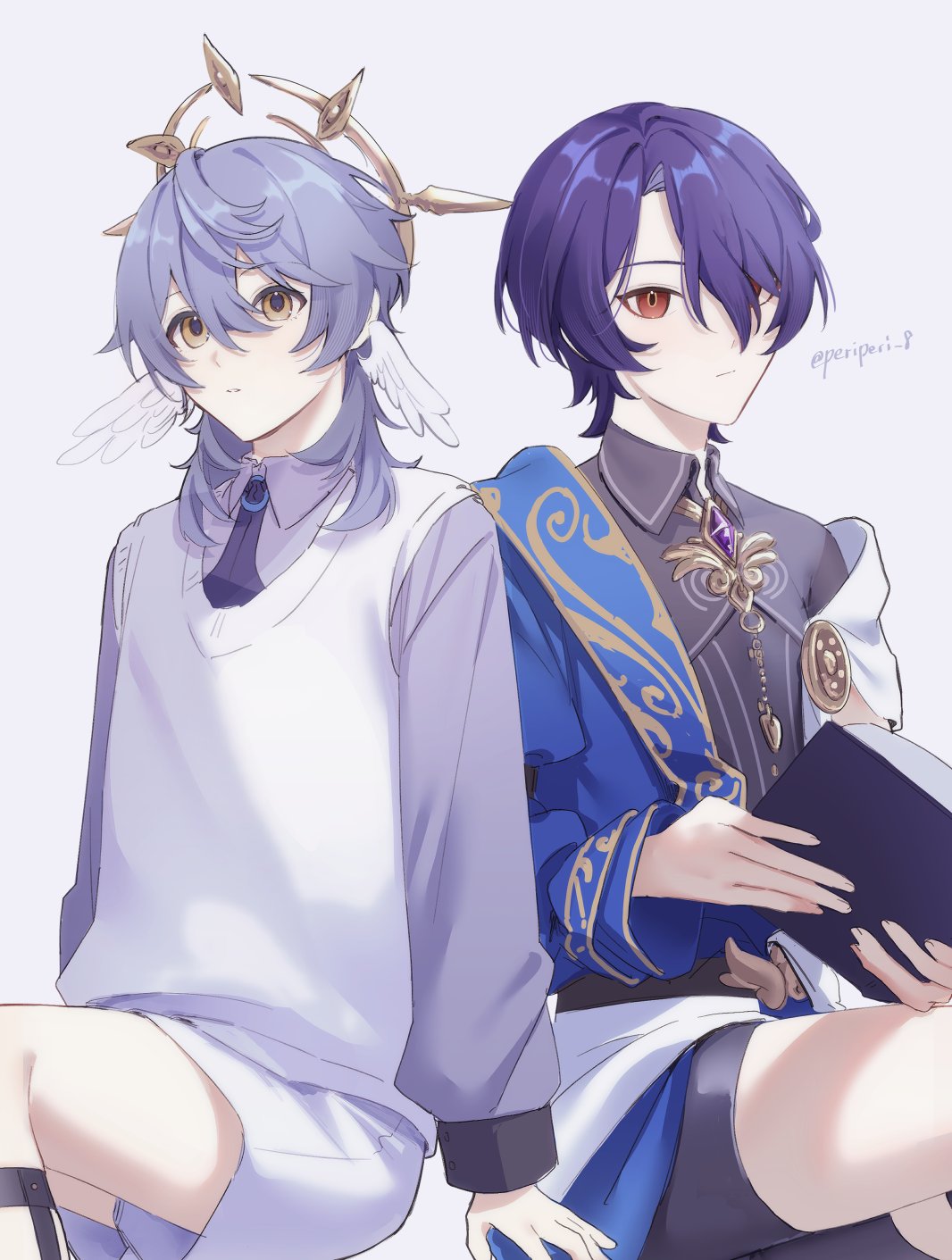 2boys, aged_down, black_shirt, black_shorts, blue_hair, book, closed_mouth, collared_shirt