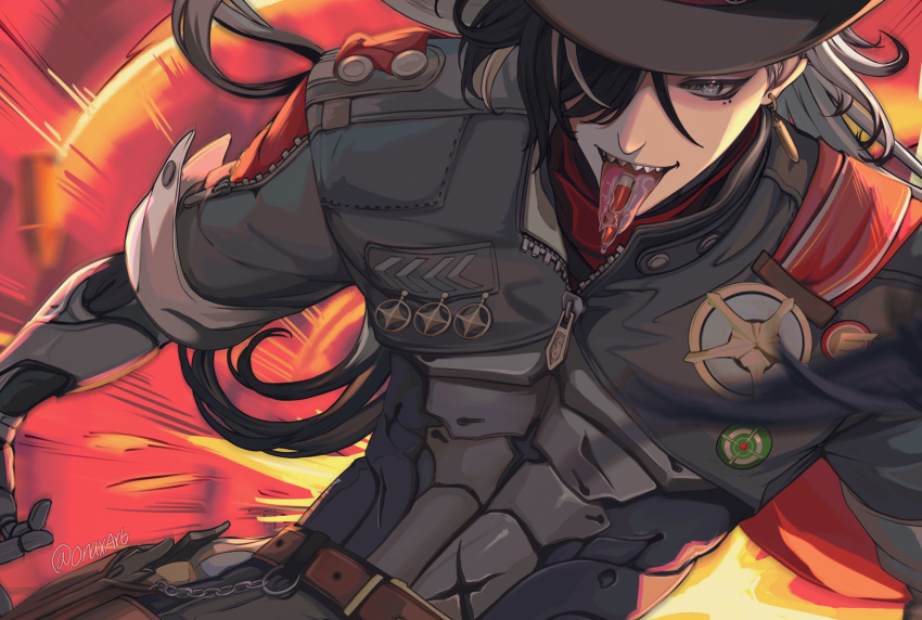 1boy, belt, black_hair, black_hat, boothill_(honkai:_star_rail), brown_belt, bullet, earrings, hair_over_one_eye, hat, highres, honkai:_star_rail, honkai_(series), jewelry, long_hair, looking_at_viewer, male_focus, multicolored_hair, naya_(onaxart), open_mouth, police_badge, sharp_teeth, solo, split-color_hair, teeth, tongue, tongue_out, two-tone_hair, white_hair