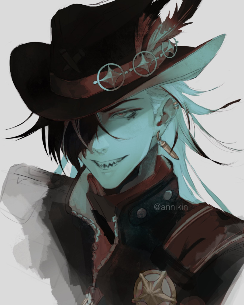 1boy, annikin, black_hair, black_hat, boothill_(honkai:_star_rail), ear_piercing, earrings, hair_over_one_eye