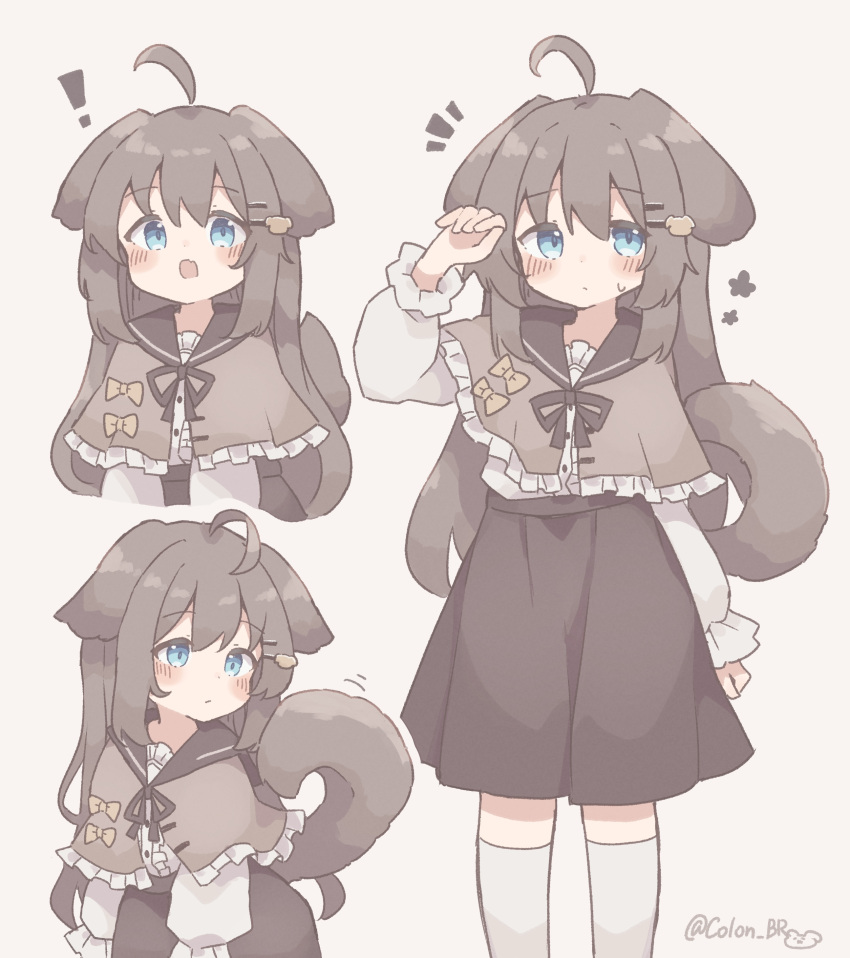 1girl, absurdres, alternate_animal_ears, alternate_tail, animal_ears, biachan, blue_eyes, brown_capelet, brown_hair, brown_skirt, brown_tail, capelet, colon_br, dog_ears, dog_girl, dog_tail, highres, multiple_views, original, simple_background, skirt, tail