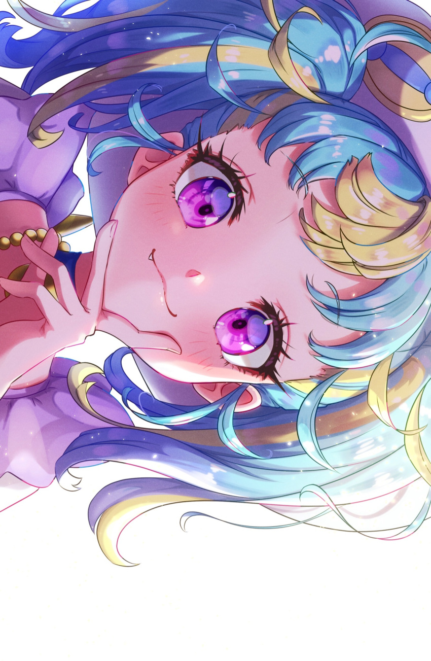 1girl, :3, blonde_hair, blue_hair, blush, commentary_request, fang, hand_on_own_chin