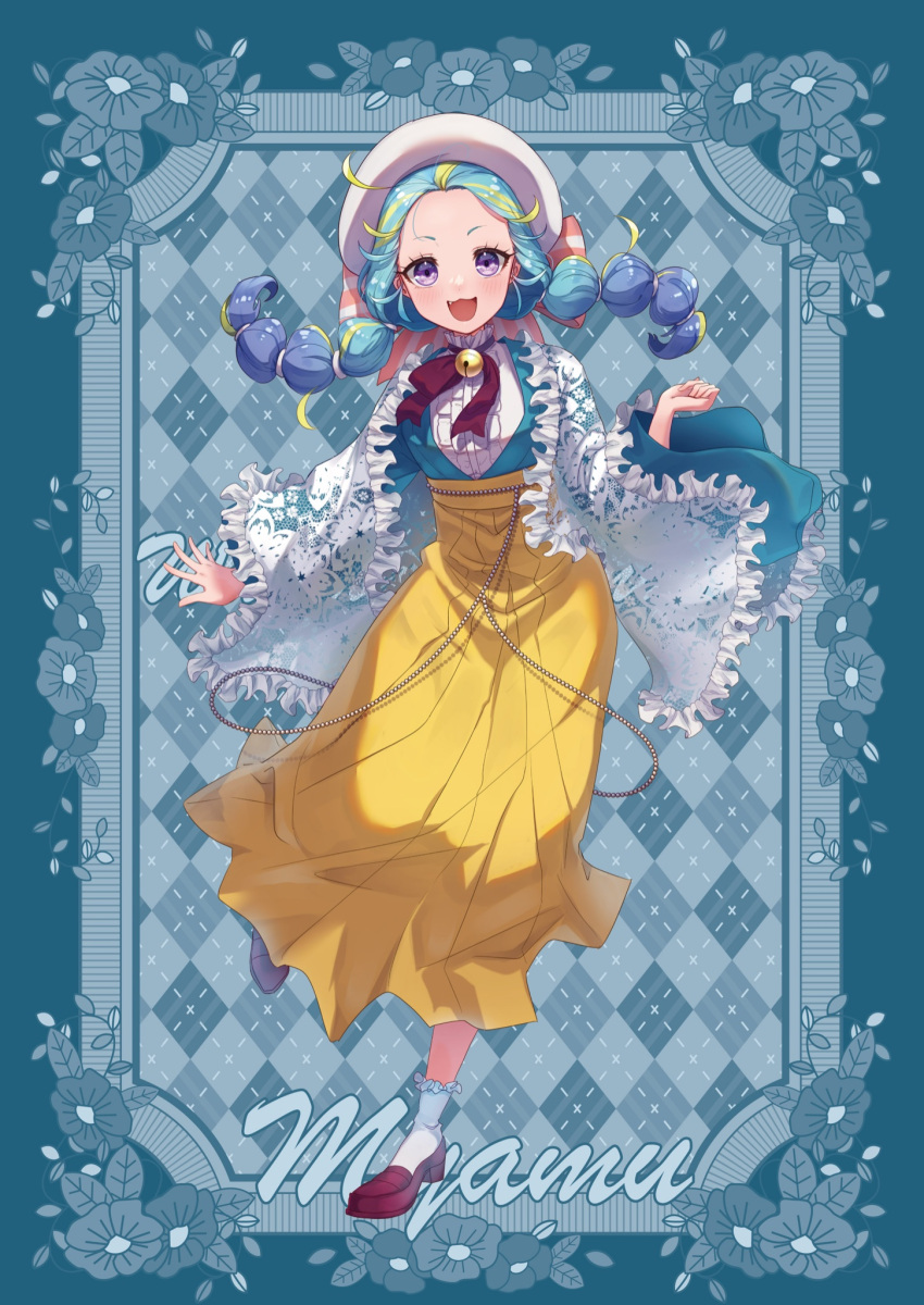 1girl, :d, argyle_background, bell, beret, blonde_hair, blue_background, blue_hair