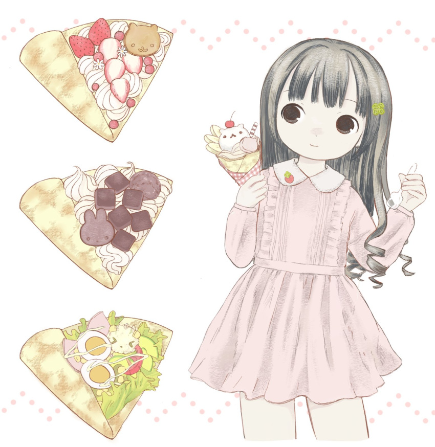 1girl, avocado, avocado_slice, black_eyes, chocolate, cowboy_shot, crepe, egg_(food)