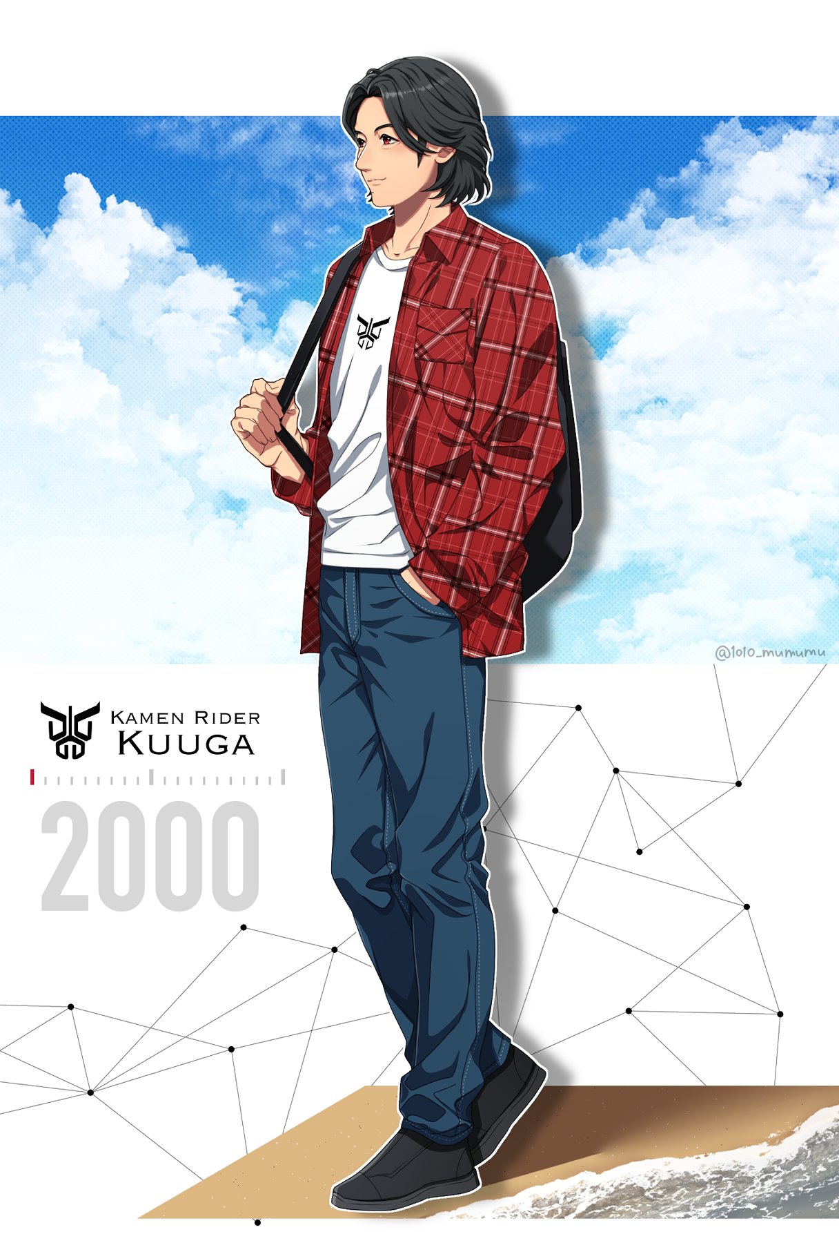 1010_mumumu, 1boy, 2000, backpack, bag, black_footwear, black_hair, blue_sky