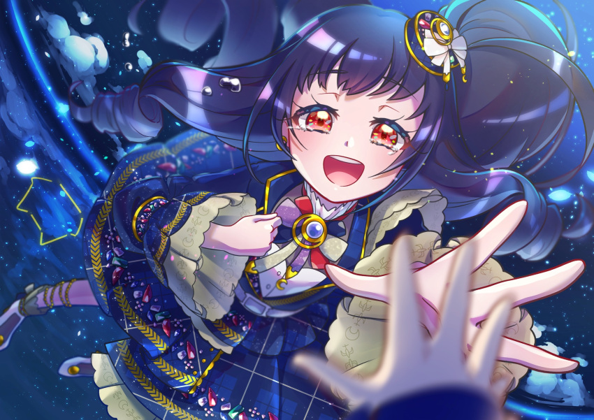2girls, :d, blue_hair, blue_skirt, blurry, blurry_foreground, blush, clouds