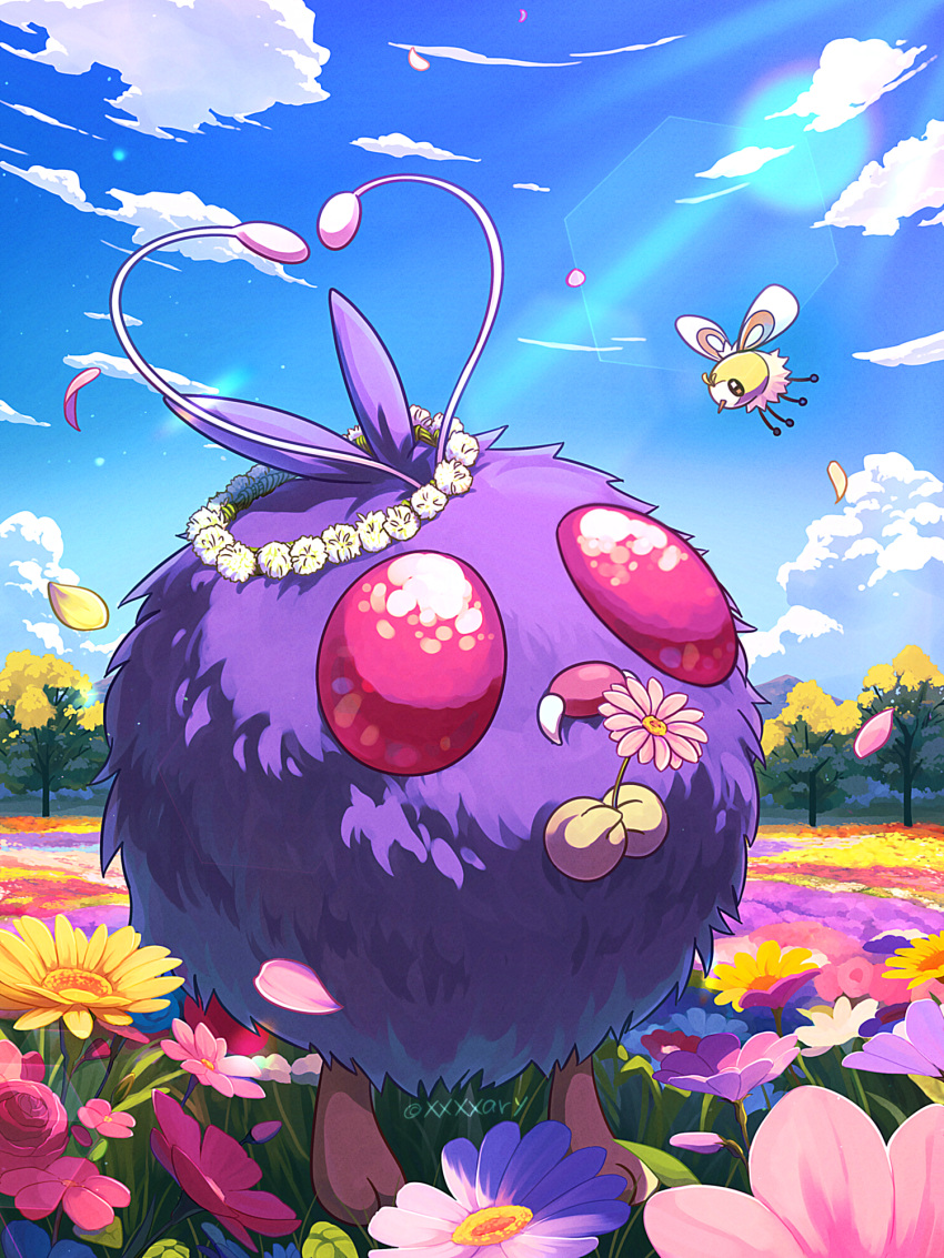 clouds, commentary_request, cutiefly, day, fangs, field, flower, flower_field, highres, holding, lens_flare, no_humans, outdoors, petals, pink_eyes, pokemon, pokemon_(creature), sky, tree, venonat, wreath, xxxxay