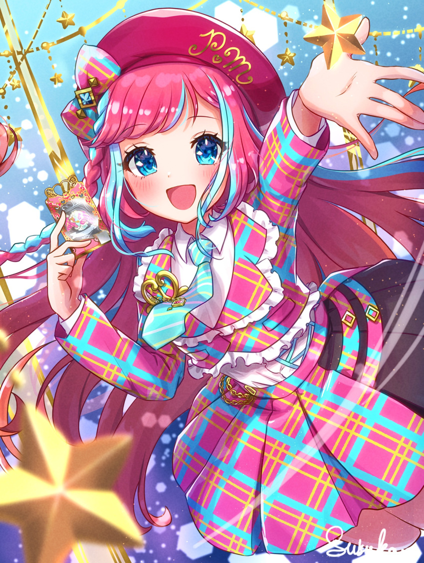 1girl, :d, arm_up, beret, blue_background, blue_eyes, blue_hair, blue_necktie