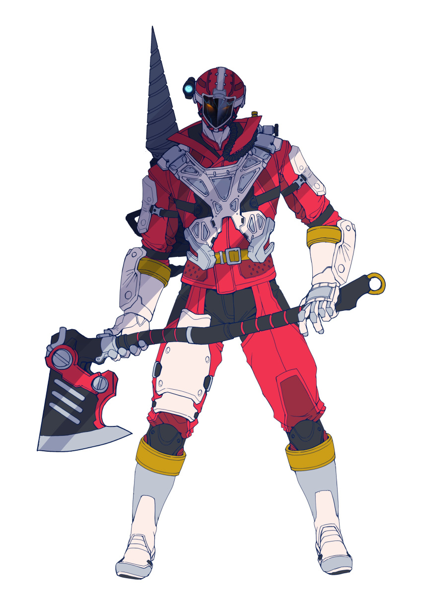 1boy, absurdres, armor, armored_boots, axe, black_pants, boots, breathing_tube
