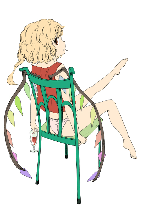 barefoot, blonde_hair, bottomless, chair, cup, feet, flandre_scarlet, from_behind