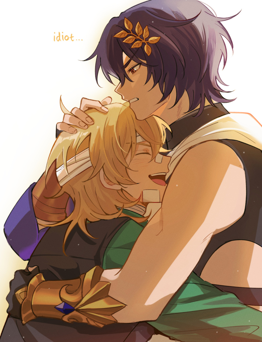 2boys, aqua_shirt, aventurine_(honkai:_star_rail), bandaged_head, bandages, bandaid, bandaid_on_face, black_gloves