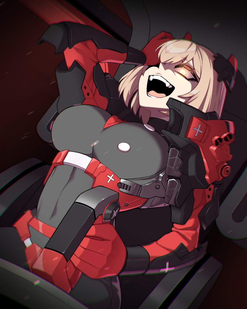 1girl, absurdres, armored_bodysuit, armored_core, armored_core_6, armored_leotard, azur_lane, blonde_hair, bodysuit, breasts, fortified_suit, glowing, glowing_eyes, highres, huge_breasts, hyperbudd, original, roon_(azur_lane), skin_tight, solo, yandere, yandere_trance, yellow_eyes