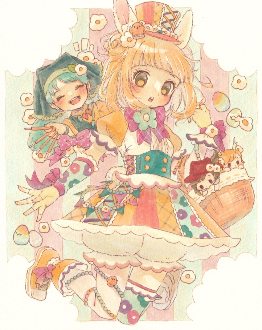 4girls, adapted_costume, animal_ears, blonde_hair, bloomers, blue_hair, blunt_bangs, blush