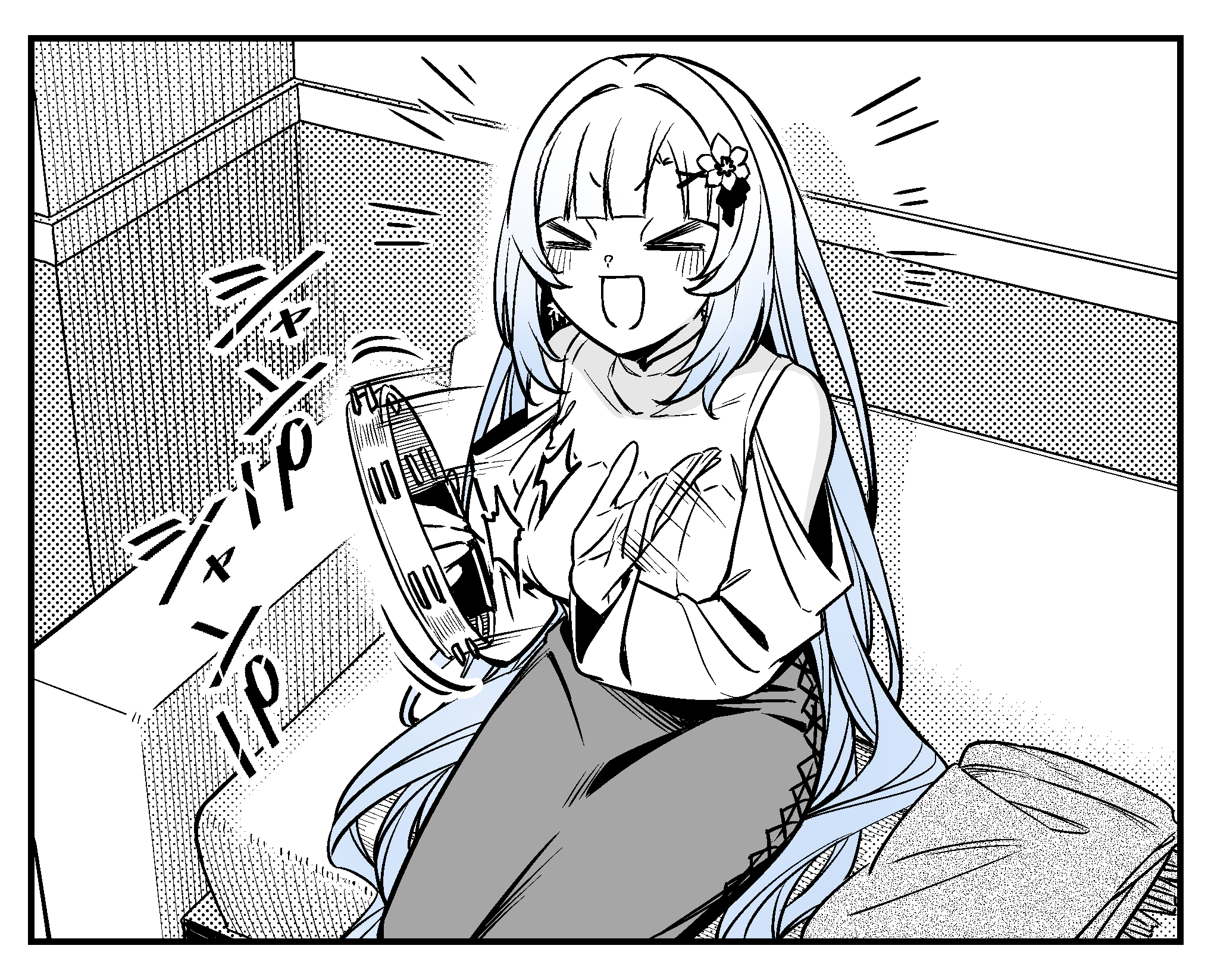 >_<, 1girl, alternate_costume, bare_shoulders, blunt_bangs, blush, border, breasts