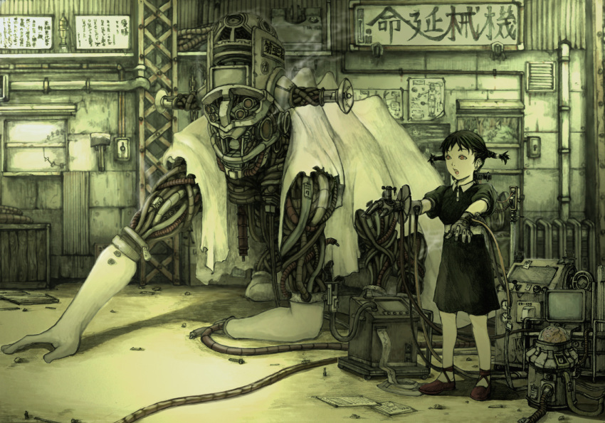 cable, gloves, original, otacool, pipes, robot, sepia, short_twintails