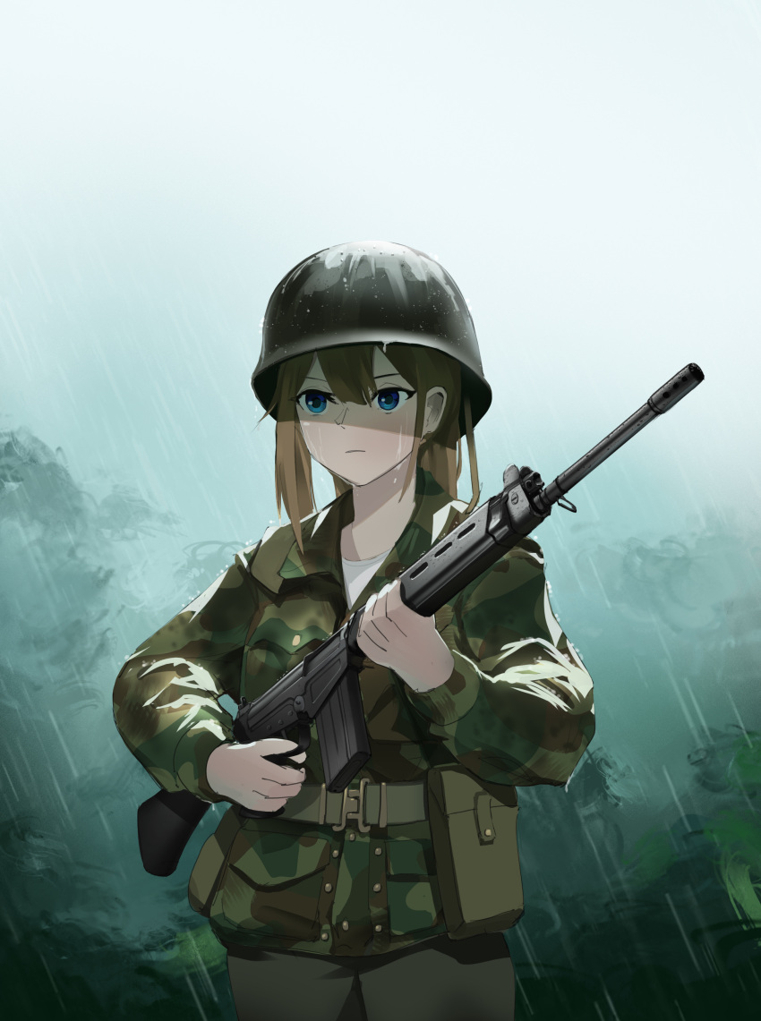 1girl, absurdres, battle_rifle, black_hat, black_pants, blue_eyes, brown_hair, camouflage