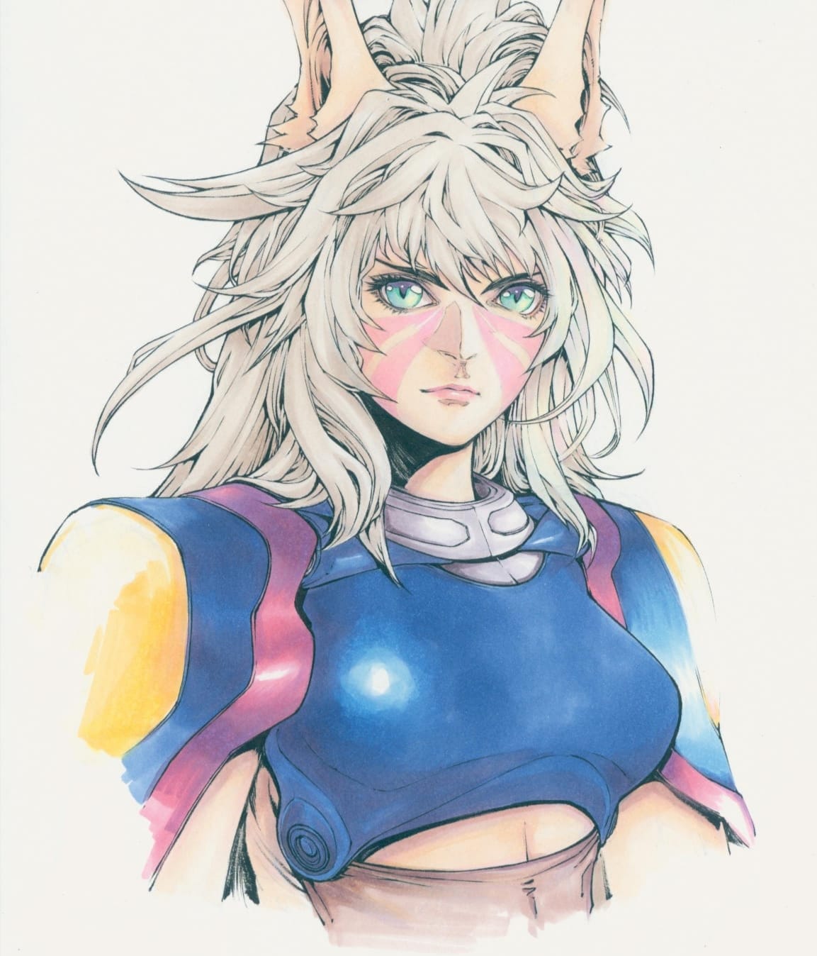 1girl, andy_seto, animal_ears, aqua_eyes, armor, breastplate, breasts, cat_ears, chinese_commentary, commentary, cropped_torso, cyber_weapon_z, english_commentary, facial_mark, highres, light_frown, long_hair, marker_(medium), medium_breasts, mixed-language_commentary, pink_lips, portrait, rosaland_(cyber_weapon_z), serious, shoulder_armor, solo, traditional_media, white_hair