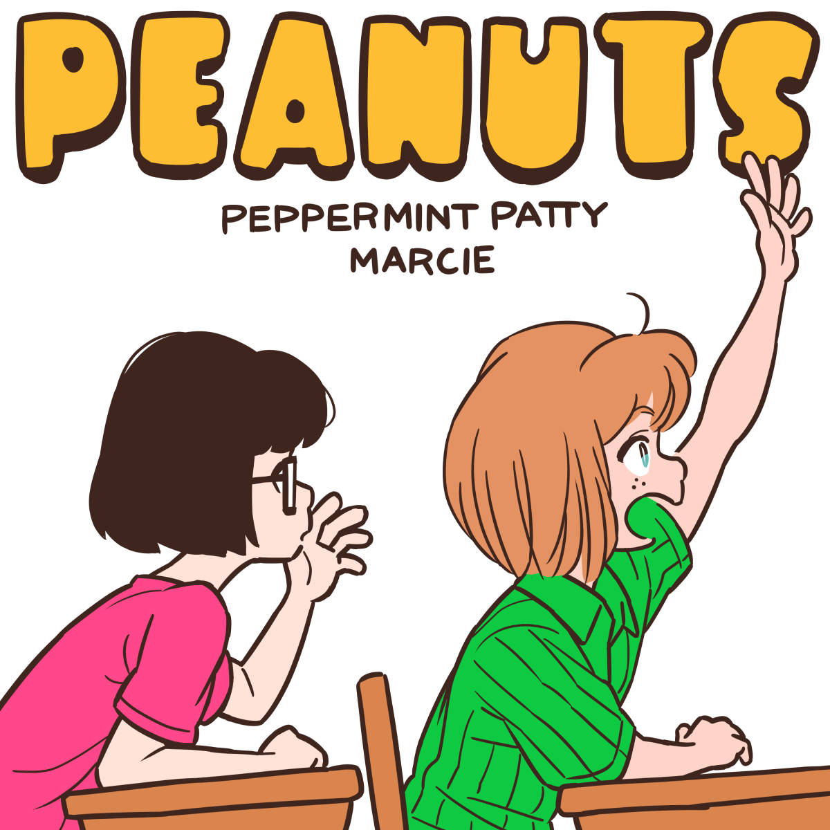 2girls, animification, black_hair, brown_hair, character_name, commentary_request, desk, freckles