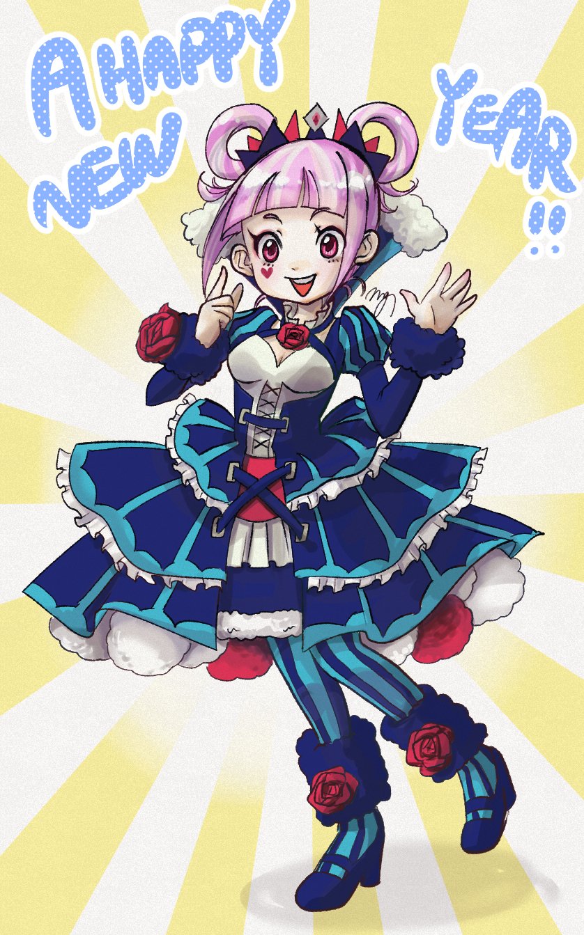 1girl, aqua_pantyhose, cross-laced_clothes, cross-laced_dress, dress, facial_mark, fire_emblem, fire_emblem_engage, flower, folded_twintails, fur_trim, hair_flaps, hair_rings, happy_new_year, heart, heart_facial_mark, high_heels, highres, hime_cut, hortensia_(fire_emblem), momongame_17, pantyhose, pink_eyes, pink_hair, red_flower, red_rose, rose, striped_clothes, striped_dress, two-tone_pantyhose, vertical-striped_clothes, vertical-striped_dress