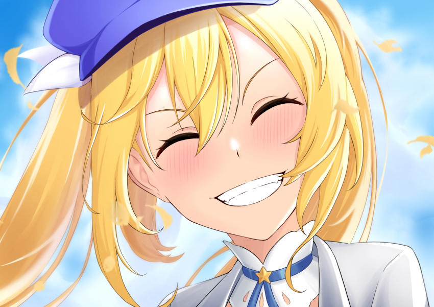 1girl, beret, blonde_hair, blue_hat, closed_eyes, day, dokibird_(vtuber), gorgenzolla