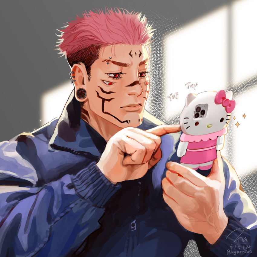 1boy, alternate_costume, black_hair, extra_eyes, fabulous, hello_kitty, hello_kitty_phonecase_(meme), hello_kitty_print