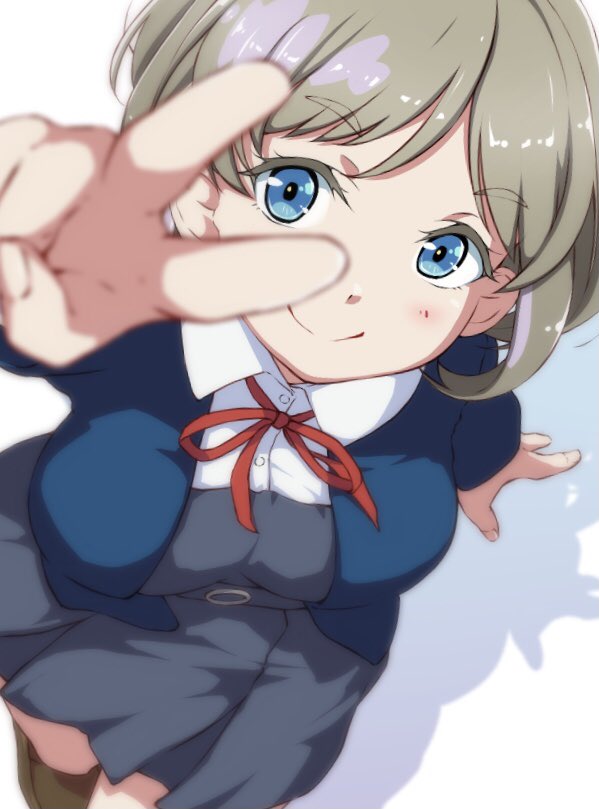 1girl, arm_up, azukilib, blue_eyes, blurry, blurry_foreground, blush, breasts