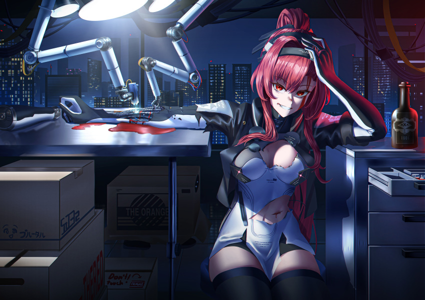 1girl, absurdres, black_bodysuit, black_hairband, black_jacket, black_shorts, black_thighhighs, blood, blood_on_face, blood_on_tool, bodysuit, bottle, box, bruise, bruise_on_face, bruise_on_stomach, cardboard_box, cityscape, grin, hairband, highres, injury, jacket, long_hair, looking_at_viewer, manjo_(warito), mechanical_arms, navel, ponytail, punishing:_gray_raven, red_eyes, redhead, short_shorts, short_sleeves, shorts, sidelocks, smile, solo, thigh-highs, torn_bodysuit, torn_clothes, torn_jacket, tube, two-tone_bodysuit, vera_(punishing:_gray_raven), very_long_hair, white_bodysuit