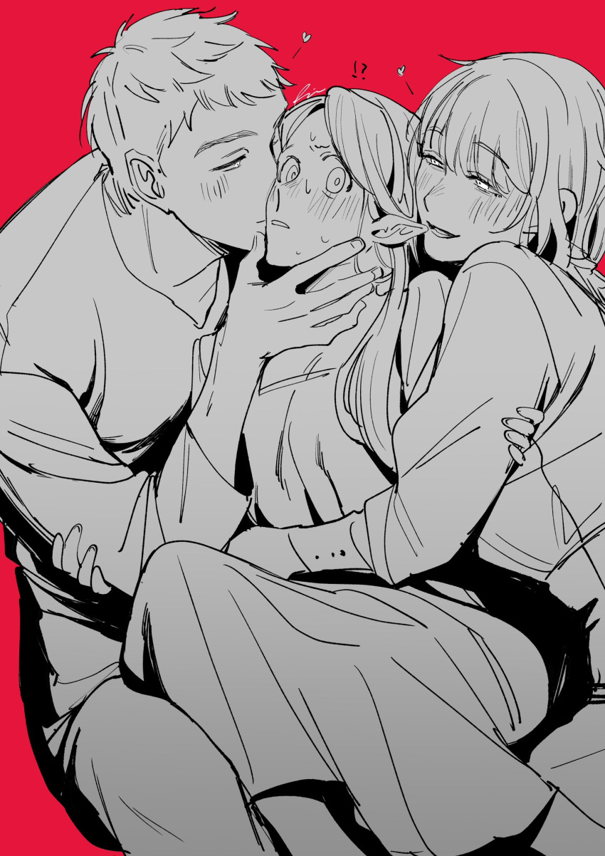 !?, 1boy, 2girls, aknr_end, arm_around_waist, bisexual_female, blunt_bangs, blush