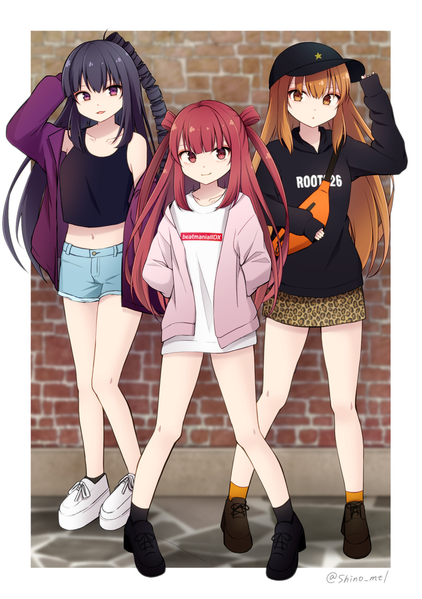 3girls, beatmania, black_hat, black_hoodie, multiple_girls, orange_eyes, orange_hair, orange_skirt