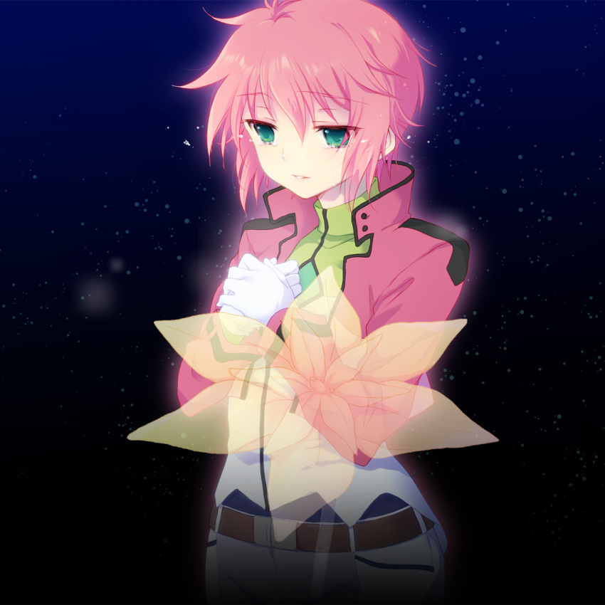 alternate_hairstyle, arch_(artist), bolero, feldt_grace, flower, gloves, green_eyes, gundam
