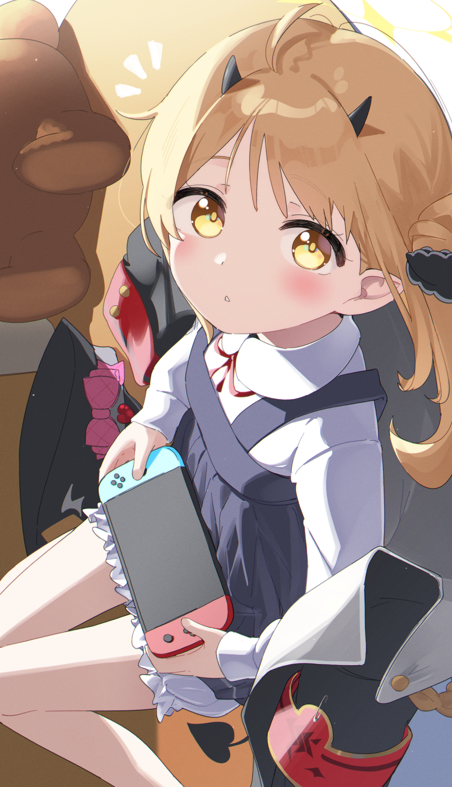 1girl, ahoge, armband, black_coat, black_dress, black_hat, black_horns, black_ribbon