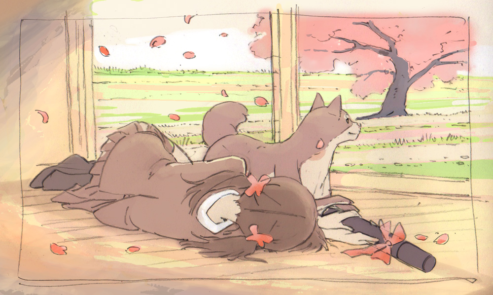 1girl, animal, arai_youjirou, black_hair, black_socks, cherry_blossoms, dog, dress