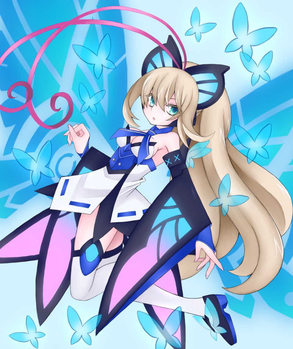 1girl, antenna_hair, azure_striker_gunvolt, blonde_hair, bug, butterfly, butterfly_wings, dress, energy_wings, full_body, glowing_butterfly, green_eyes, high_ponytail, insect_wings, long_sleeves, lumen_(gunvolt), multicolored_hair, pink_hair, riho_funakubo, solo, strapless, strapless_dress, thigh-highs, two-tone_hair, white_dress, white_thighhighs, wide_sleeves, wings