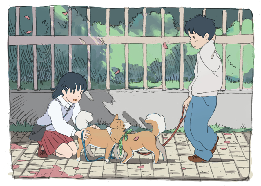 1boy, 1girl, arai_youjirou, black_hair, blue_pants, commentary_request, day, dog