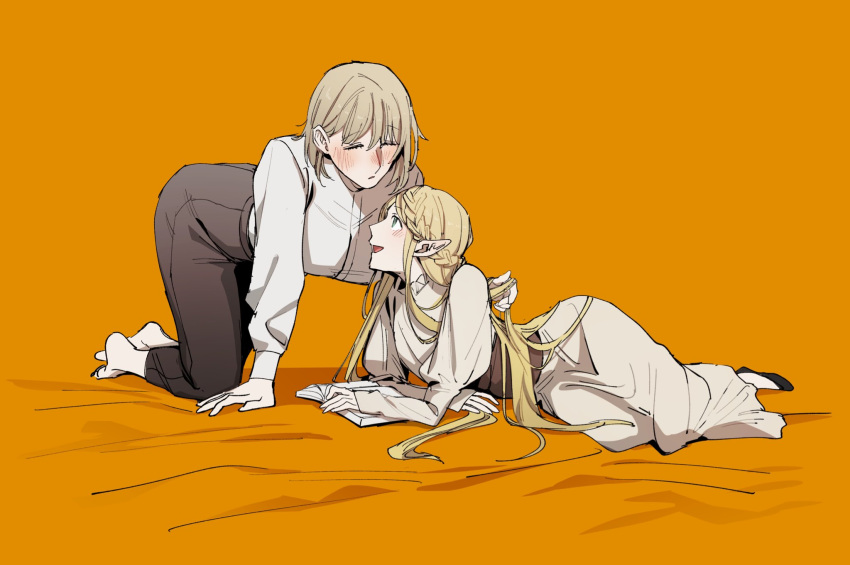 2girls, aknr_end, barefoot, black_footwear, blonde_hair, blush, book, braid, brown_pants, closed_eyes, commentary, dress, dungeon_meshi, elf, falin_thorden, french_braid, green_eyes, hands_in_hair, highres, juliet_sleeves, kneeling, light_blush, long_hair, long_sleeves, lying, marcille_donato, medium_hair, multiple_girls, on_side, open_book, open_mouth, orange_background, pants, parted_lips, pointy_ears, puffy_sleeves, shirt, sidelocks, smile, white_dress, white_shirt, yuri